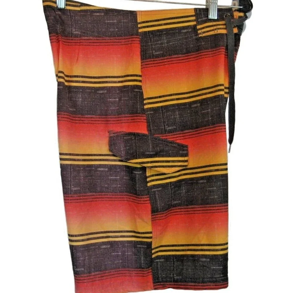 Mens Kanu Black/Orange Striped Poly/Spandex Unlined Swim Board Shorts sz 30 x 9